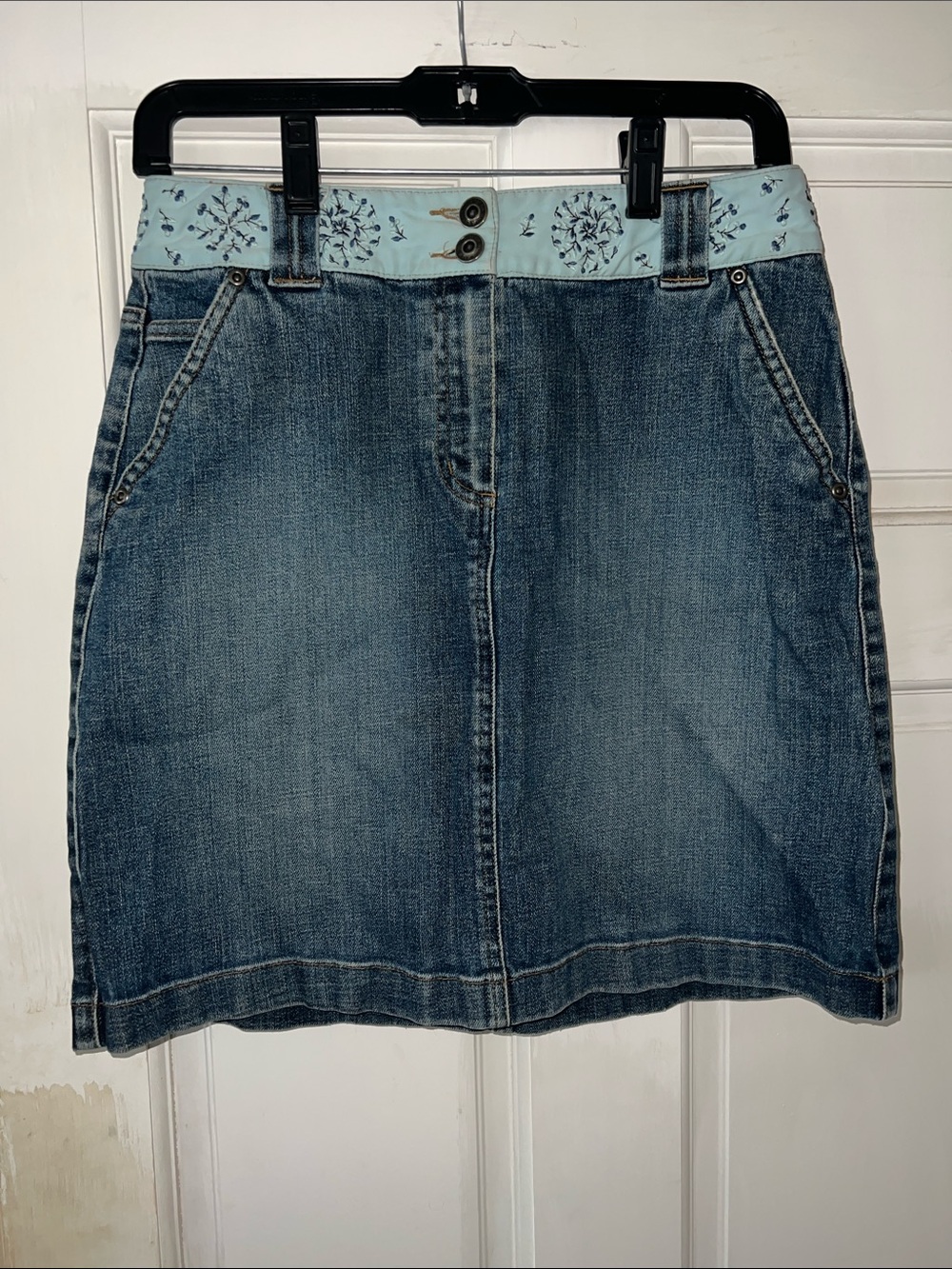 Talbots Denim A-Line Skirt with Light Blue Embroidered Waistband